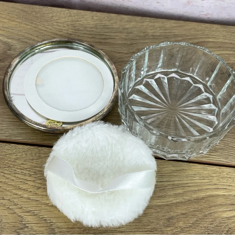 Vintage Crystal Jewelry Trinket Dresser Powder Box Pewter Mirror Cover Lid